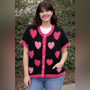 BellePointe Black Pink Heart Eyelash Knit Cardigan Valentine’s Day Sweater